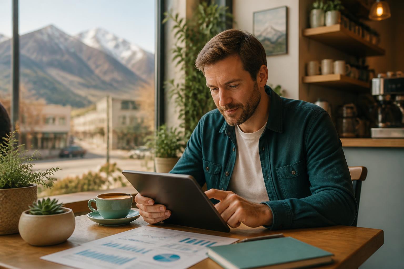 Utah small business owner reviewing financial reports in a Salt Lake City coffee shop