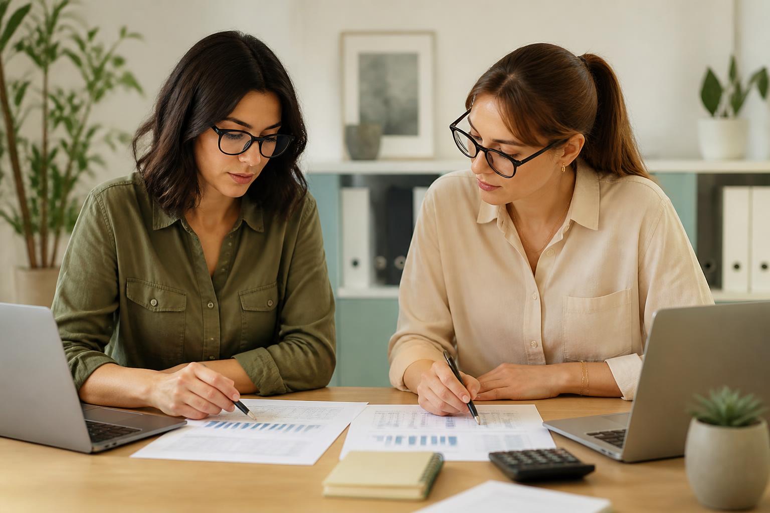 Two Utah Bookkeeping Pros team members reviewing client financial reports together